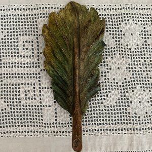 Vintage decorative wooden carved leaf green & brown